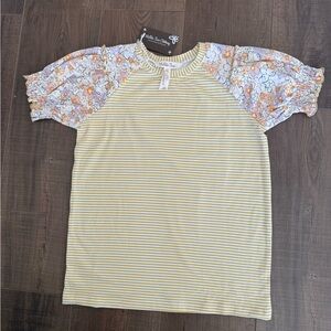 Matilda Jane Yellow Striped Kids Shirt with Floral Puffer Sleeves